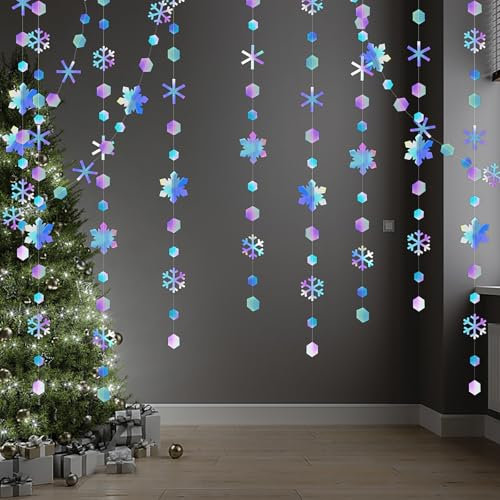 Schneeflocken Deko 52 Ft Winter wunderland Partik Christmas Decorations Schneeflocken Girlande Eiskristalle Deko Holographischer Papier Streifen für Frozen Geburtstagsdeko Hochzeit, Baby Shower Party