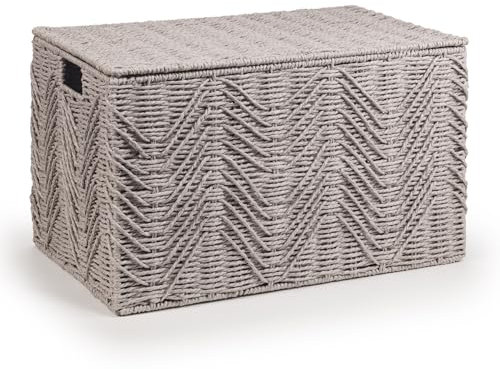 Woodluv Storage Basket Trunk Chest, Woven Storage Basket with Lid, Storage organiser, Basket Storage Bedding, Blanket & Toy Box, Medium - Grey