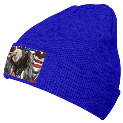 Blauer Adler mit USA-Flagge, warme, stylische Beanie-Mütze, weiche Alltagsmütze aus Feinstrick, gestrickte Wollmütze für Unisex und Erwachsene