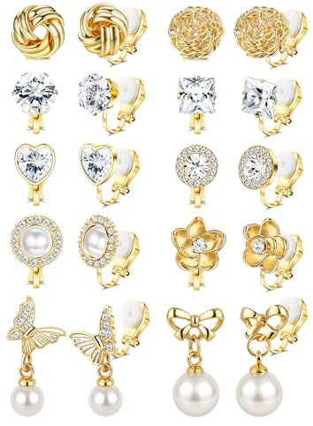 Kakonia 10 Pairs Clip on Earrings Women - Hypoallergenic Comfortable Non Pierced Earrings Round Square CZ Pearl Knot Flower Butterfly Clip on Earrings for Women Gold