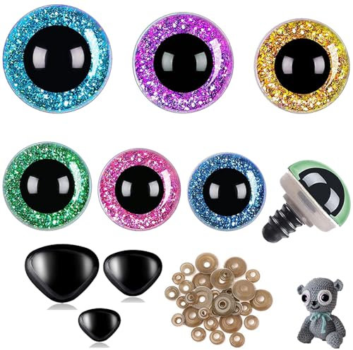 mohito 90 Stück Kunststoff Puppe Augen,Bunt Knopfaugen,Stofftieraugen,Geeignet für das Stricken Plüsch Stoffpuppe Gesicht Dekoration mit Unterlegscheibe mit Nase 6 Farben 10-20mm Durchmesser