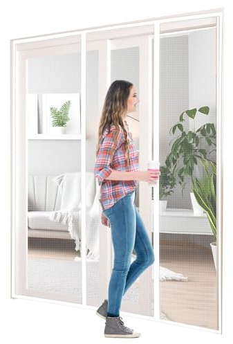 Fliegengittertüren Weiß 95x270cm Fiberglas Magnet Fliegengitter Tür Selbstschließendes für Doppel Schiebetür Balkontüren Kellertür