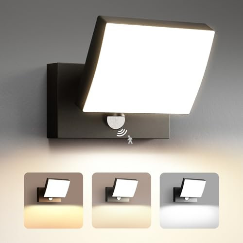 YindaLux Lampe d'extérieur avec détecteur de Mouvement, IP65 LED 24W Appliques Murales d'extérieur, Orientable à 240° et 60°, 3 Températures de Couleur, Lampe pour la Porte le Jardin, Garage, Noir