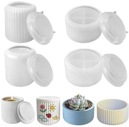 Delsen 4 stampi in silicone per candele, per vasi da fiori con coperchio, da utilizzare con coperchio, in resina epossidica, vaso per candele fai da te, decorazione per la casa fai da te