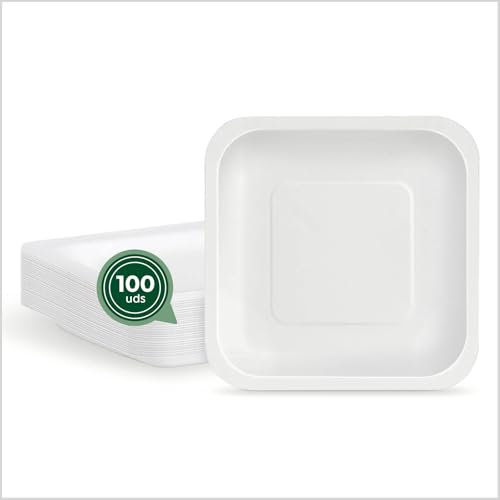 Maxi Products - 100 Platos de Cartón Desechable - 20 x 20 cm - Plato Vajilla - Plato Cuadrado Cartón Desechable - Platos para Catering, Eventos y Celebraciones - APTO ALIMENTARIO