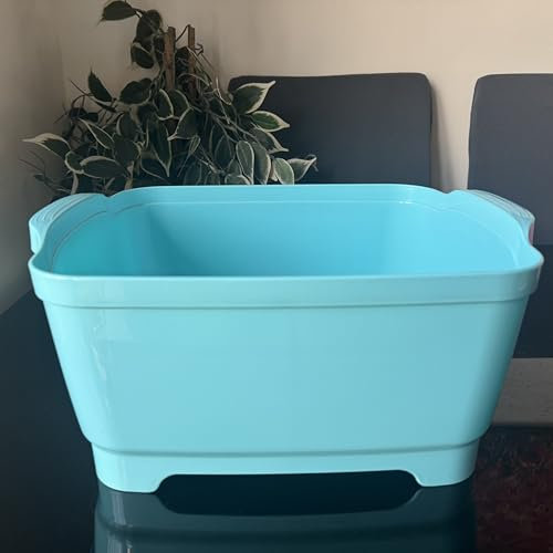 Large Washing Up Bowl with Drain Plug, Turquoise Blue, Kitchen Sink Organiser, dishwashing bowl with drainage