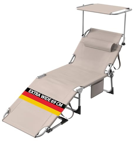 Tumbona Plegable con Toldo, Reclinable en 4 Posiciones, Sillas de Playa Con Reposacabezas y Bolsillo Lateral, Textileno, Aluminio, Ideal para Piscina, Jardín y Playa, Resistente a la Intemperie, Arena
