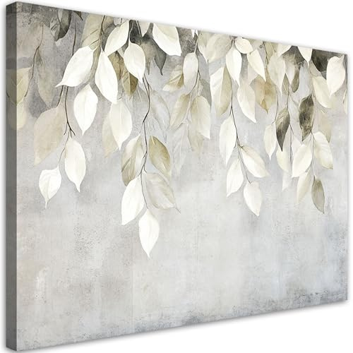 Feeby Bild auf Leinwand - Wandbilder Wohnzimmer Aesthetic - Beige hängende Blätter Zweige - 120x80 1tlg - Schlafzimmer Wandekoration - Bilder Zimmer - Living Room - Deko Wandbilder - Moderne Bild