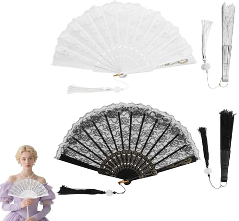 DAWRIS Handfächer Spitze, Fächer Hochzeit Weiß Schwarz, Faltfächer Stoff Klein Hochzeitsfächer Faltbare Brautfächer Spitzenfächer für Damen Abschlussball Fasching Party Foto-Requisiten Wand Dekoration