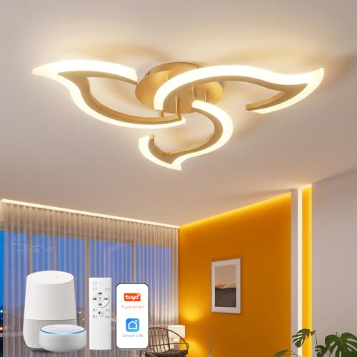YOLEDY Smart Deckenlampe Alexa Kompatibel, LED Dimmbar mit App & Sprachsteuerung, Moderne Blumen Deckenleuchte mit Fernbedienung für Schlafzimmer, Küche, 2,4GHz WLAN, Gold