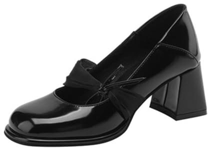 Women's Slip On Square Toe Mary Jane Pumps Chunky Block Heel Satin Bow Decor Patent Leather Comfortable Non Slip Sole Stylish Office Party Event Wear,Black,7.5 UK
