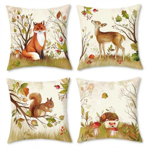 BREASOME Wildes Tier Kissenbezug 45x45 cm 4er Set Kissenbezüge Fuchs Hirsch Eichhörnchen Igel Leinen Kissenhülle Dekorative Sofakissen Dekokissen Zierkissenbezug für Sofa Couch Wohnzimmer Schlafzimmer