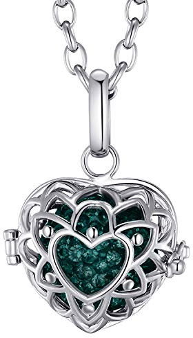 Morella Damen Halskette Edelstahl 70 cm mit Herzform Anhänger und Klangkugel dunkelgrün Ø 16 mm in Schmuckbeutel