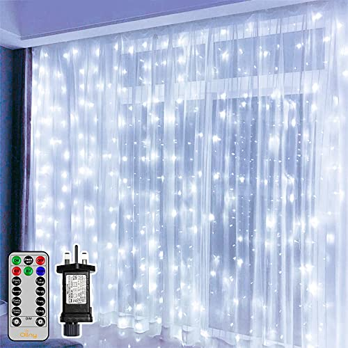 Ollny Curtain Lights Indoor Outdoor, 300LED 3mx3m Waterfall Hanging Plug in String Lights, Waterproof Window Lights with 8 Modes/Timer/Dimmable/Remote/Momery for Bedroom/Wall/Outdoor/Wedding/Party