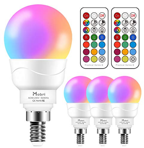 Mobri E14 LED Light Bulb,5W Colour Changing Light Bulb with Remote Control, Memory & Timing Function,40W Equivalent SES Small Edison Screw Golf Ball Bulb, RGB+Cool White (5700K), 4 Pack