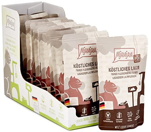MjAMjAM - Premium Nassfutter für Katzen - Quetschie - purer Fleischgenuss - köstliches Lamm pur, 12er Pack (12 x 125 g), getreidefrei mit extra viel Fleisch