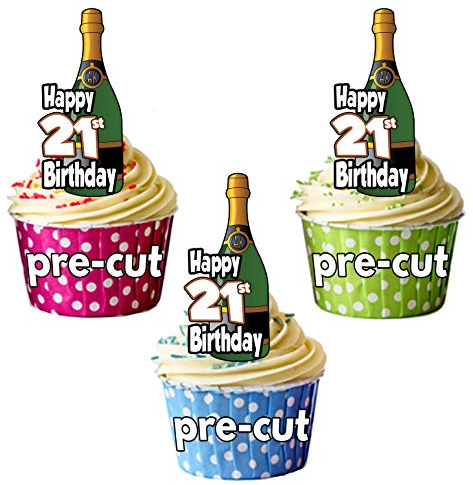 AK Giftshop Happy 21st Birthday Champagne Bottles - Precut Edible Cupcake Toppers/Cake Decorations - Mens - Ladies - Celebrations - Party (Pack of 24)