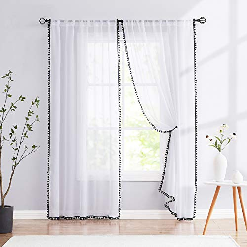 Treatmentex Durchsichtige weiße Vorhänge mit schwarzen Bommeln, 213,4 cm lang, Leinenstruktur-Optik, dekorative Fenstervorhänge, Marineblau, 132,1 cm breit, 1 Paar