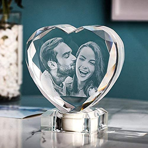 VEELU Personnalisé Photo En Verre Cristal, LED Lumière avec Gravé Photo Personnalisable Coeur Cadre Photo Cube Avec Base, Personnalisé Cristal Cadeau Fête des Mères Homme Femmes