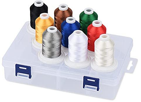 Simthread Polyester Maschinen Stickgarn mit Kunststoff-Aufbewahrungsbox, 9 Basis Regulär Farben, 800 Yards Schnappen Spulen, für professionelles Stickdesign