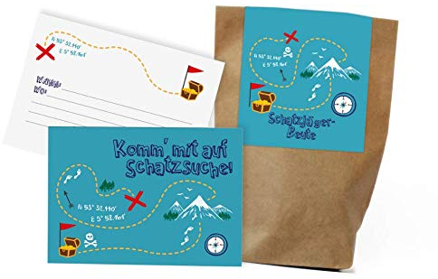 12x Schatzsucher Einladungskarten + Partytüten - Set / Schatzsucher Party Einladungskarten Schatzsucher Kindergeburtstag Partytüten Kindergeburtstag Schatzsucher Partytüten Kindergeburtstag Karten