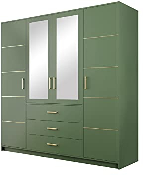 Drehtürenschrank Bado 4D II, Kleiderschrank mit Spiegel, Schubladen und Spiegeltüren, Elegantes Schlafzimmer Schrank, Jugendzimmer, Farbauswahl (flaschengrün/flaschengrün + Gold)