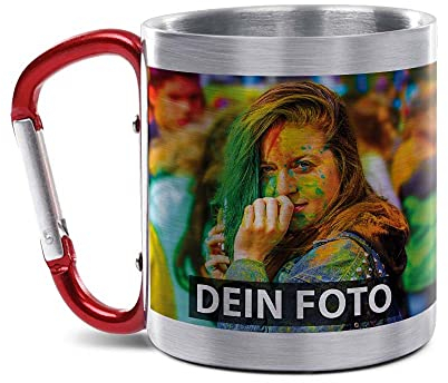 Tassendruck Karabiner Edelstahltasse - mit Foto und Name selbst gestalten - Geschenk für Camper, Campingtasse, Outdoortasse, Geburtstagsgeschenk, 280 ml I Personalisiert