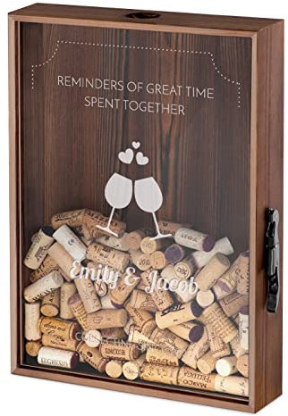 Maverton Personalised Cork Catcher for Couples - Beer caps Collector - Wooden Box with a Transparent lid - Personalised Wedding Gift - for Parents - Hearts