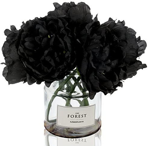 Tinsow Peonie artificiali per la decorazione della casa, 5 pezzi, peonie nere finte per decorazione di Halloween, bouquet di fiori di seta, (nero, 5)
