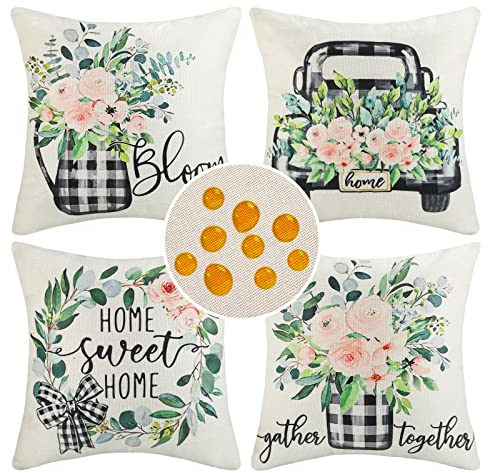 Kissenbezug Frühling Moderne 45x45 Wasserdicht Outdoor Sofakissen Bezug Deko Kissenhülle Lastwagen Gitter Blumen Rosa Leinen Kissenbezüge Couchkissen für Draußer Sofa Balkon Terrasse Garten 4er Set