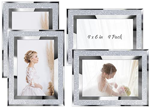 Queekay Paquete de 4 marcos de fotos de graduación con purpurina de 4 x 6 pulgadas, marco de fotos de espejo brillante para decoración de pared para graduación, boda, mesa del hogar, color plateado