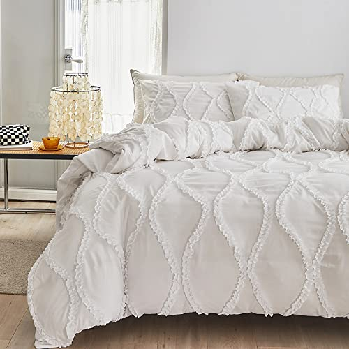 GETIYA Modern Uni Getuftet Bettwäsche 220x240 Exquisite Spitzen Rüschen Muster Bettwäsche Damen Herren Geometrische Bettwäsche Weiß Microfaser Bettbezug Doppelbett mit 2 Kissenbezug 80x80cm