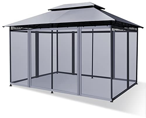 COSTWAY Tonnelle de Jardin 3,9 x 2,9M en Acier avec Rideaux Moustiquaires Amovibles et Toits Doubles, Tente de Réception pour Pique-Nique Festival Mariage (Gris)