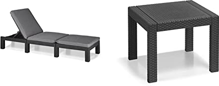 Keter “Allibert by Daytona Deluxe Sonnenliege für Garten, Terrasse & Balkon mit verstellbarem Kopfteil, grau, 195x65x25,5 cm & Allibert by Gartentisch Victoria, Grau, 59 x 59 x 43 cm