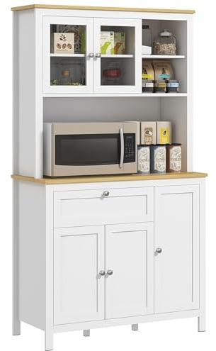 HOMCOM Alacena de Cocina Moderno Mueble Auxiliar de Cocina Ancho con 5 Puertas Estante Ajustable Cajón y Encimera de Microondas Abierta 100x40x180 cm Blanco