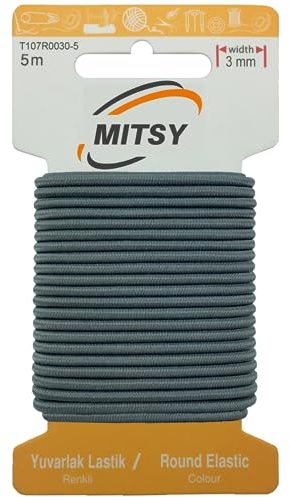 MITSY Cinta de goma redonda resistente al desgarro, cordón de goma para coser, ancho de 3 mm, 5 m, gris, fuerte, redondo, goma para pantalones, hogar, manualidades, tejidos para costura