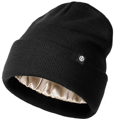 Ruzister® Mit Satin gefütterte Wintermütze für Damen und Herren, mit Seide gefütterte Strickmütze mit weichem, Beanie Mütze,dehnbare, weiche Wollmütze,Schwarz