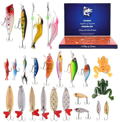 Adventskalender Angeln 2023,Adventskalender Angelzubehör,Angel adventskalender 2023 3D Fishing Lure Fischköder-Weihnachtskalender für 24 Tage Überraschung, Countdown
