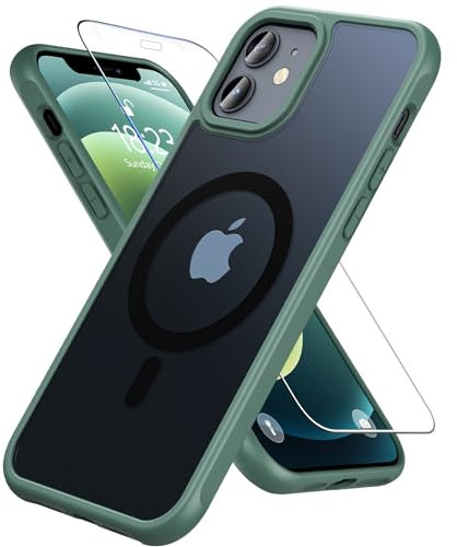 OWKEY iPhone 12/12 Pro Magsafe Tempered Glass Case - Shockproof Military-Grade Translucent Matte Back Magnetic Slim Cover, Green