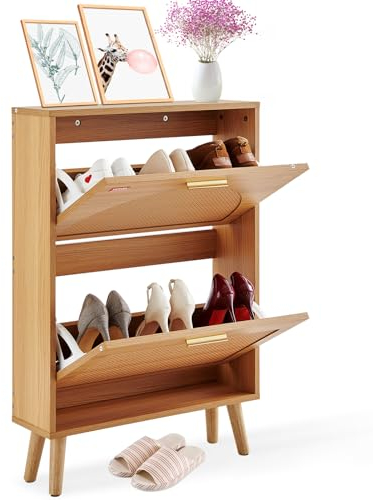 VEVOR Zapatero con 2 Cajones Abatibles Gabinete de Almacenamiento de Zapatos para Entrada Organizador de Zapatos Independiente con Puertas de Ratán para Tacones, Botas, Zapatillas en Pasillo, Entrada