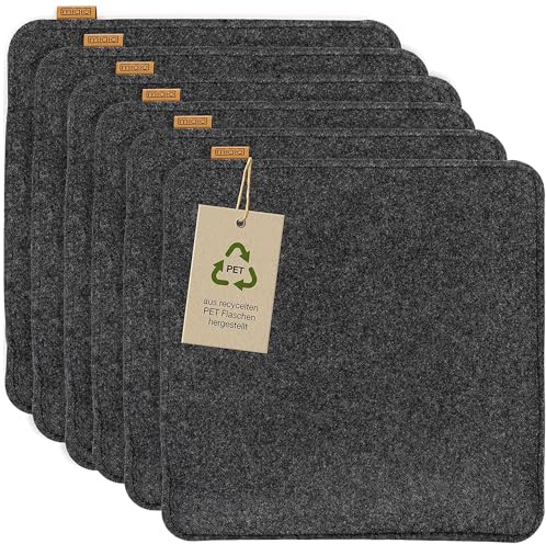Miqio Design Sitzkissen Rechteckig aus Filz | Waschbare Stuhlkissen rutschfest | Gemütliche Sitzauflage für Bank und Stuhl (35x35 cm, 8er-Set, Dunkelgrau Anthrazit mit Echtleder-Elementen)