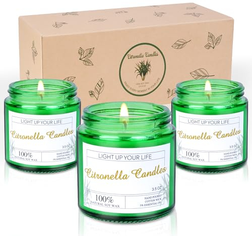 Citronella Kerze Outdoor, Kerzen Set draußen, 3 Pack Zitronellakerzen Natürliche SojaWachs Kerzen Zitronengras, Duftkerzen für Indoor Outdoor Terrasse Garten Hinterhof Camping
