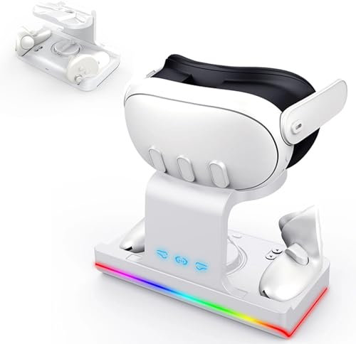 VR Charging Dock Station Compatible with Quest 3 Controllers and Headset Charging Stand, Charging Storage Base with RGB Light Modes for Quest3 Accessories