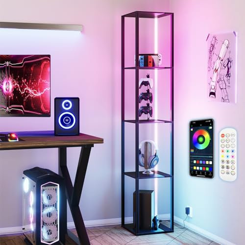 cointwo Smart RGB Floor Lamp with Shelves - 162CM Tall, LED Corner Display Shelf for Collectibles, Modern Design with Remote and App Control, Black