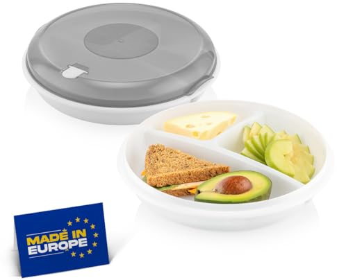 Winkly® Bento-Schüssel, Mikrowellen Teller, Mikrowellengeschirr, Multischale mit 3 Fächern & Rund –Frischhaltedose luftdicht–Mahlzeiten getrennt aufbewahren & Vorratsdosen (Weiß)