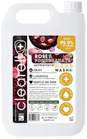 Clearell ROSE & POMEGRANATE 5L Hand Soap Liquid Wash 5 Litres Refill, Antibacterial Fragranced Hydrating Skin & Body Wash Gel for Soft and Sensitive Skin Care - 100% Vegan & Cruelty Free