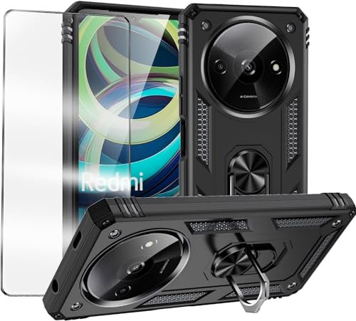 MQERYBV for Xiaomi Redmi A3 Case with Tempered Glass Screen Protector Protection Cover Shockproof Heavy Duty [Military-Grade] Rugged Phone Case with Kickstand for Xiaomi Redmi A3 (Black)