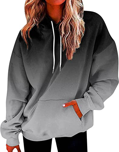 Langlaufski Set Damen Klassisch Komplett Damen-Sweatshirt mit Kapuze in Übergröße, Langarm-Sweatshirt mit Kordelzug, lockeres Sweatshirt mit Taschen Pulli Schwarz Damen (Grey, M)