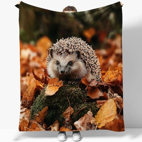 Kuscheldecke weich gemütlich Fleece-Flanell Decke Natur Tier Igel für alle Jahreszeiten, Sofa Couch Raumdekoration für Erwachsene Flanell Fleecedecke 150 x 200 cm, Orange Braun