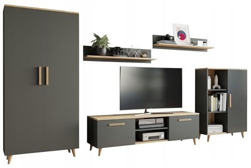 MATKAM Wohnzimmermöbel-Set Nord, 5-teilig: TV-Kommode, Wohnzimmerkommode, Schrank, 2 Hängeregale, Anthrazit-Artisan Eiche